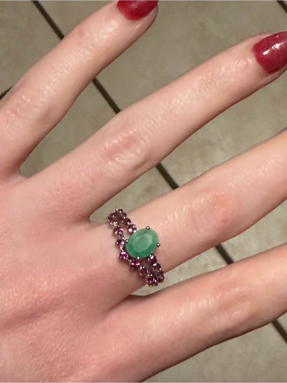 Stunning Natural Emerald 1.30CT & Pink Garnet Chevron 925 Sterling Ring Sz 7